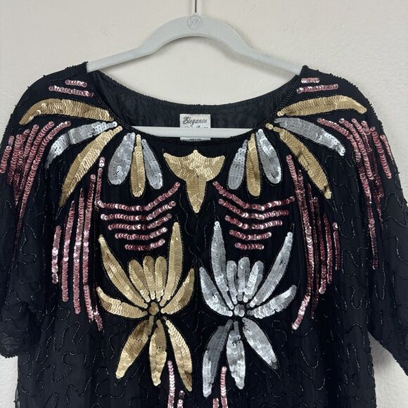 Vintage Elegance By Anujan Beaded Sequin Short Sleeve Silk Blouse Black Medium - Picture 2 of 15